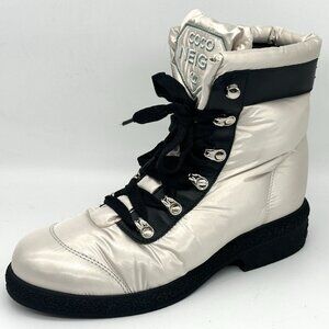 CHANEL 18B Nylon Leather Lace Up Coco Neige Winter Boots Shoes